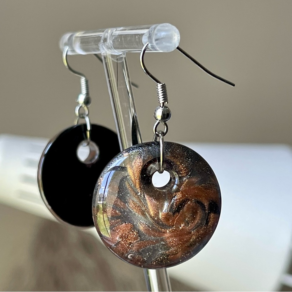 Dichroic Art Glass Gold Bronze Disc Shape Dangle Drop Silver Tone Earrings